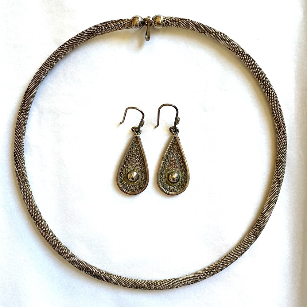 Ethiopian Silver Teardrop Earrings and Necklace Set